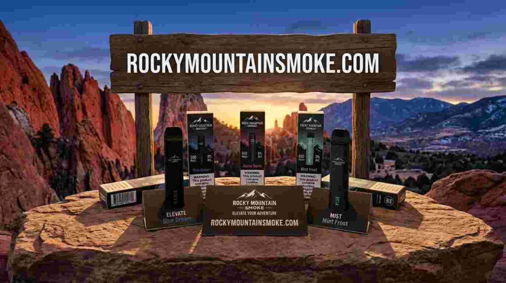 Photorealistic outdoor banner-style product image featuring premium vape products in Colorado Springs, Colorado, scenic red rock landscape inspired by Garden of the Gods, realistic product placement in foreground, cinematic sunset lighting, luxury commercial advertising style, crisp product detail, authentic shadows, realistic environment, no people, no cartoon, no fantasy, no AI-style artifacts, include “rockymountainsmoke.com” in clean bold premium typography on a realistic signboard or banner, visually balanced composition, ultra-detailed, 16:9