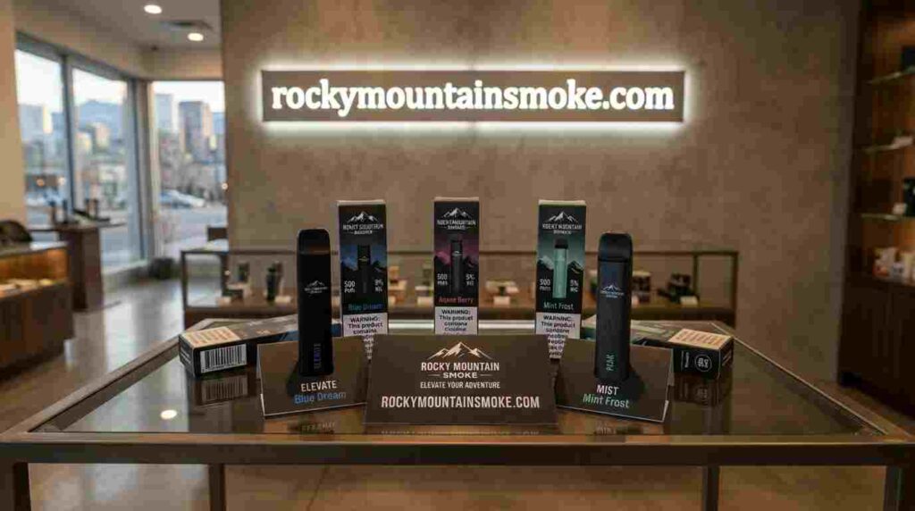 Photorealistic outdoor banner-style product image featuring premium vape products in Colorado Springs, Colorado, scenic red rock landscape inspired by Garden of the Gods, realistic product placement in foreground, cinematic sunset lighting, luxury commercial advertising style, crisp product detail, authentic shadows, realistic environment, no people, no cartoon, no fantasy, no AI-style artifacts, include “rockymountainsmoke.com” in clean bold premium typography on a realistic signboard or banner, visually balanced composition, ultra-detailed, 16:9