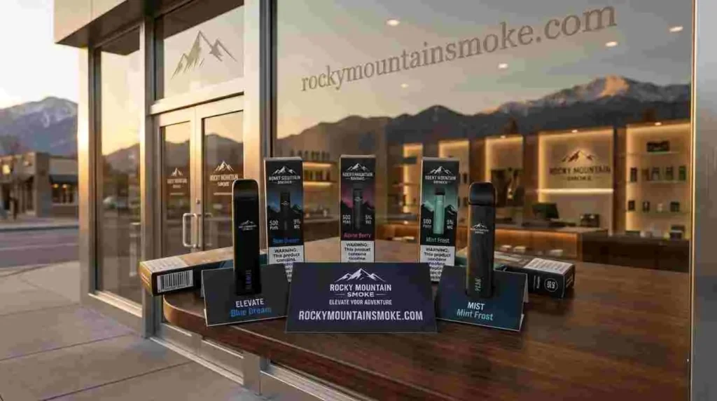 Photorealistic outdoor banner-style product image featuring premium vape products in Colorado Springs, Colorado, scenic red rock landscape inspired by Garden of the Gods, realistic product placement in foreground, cinematic sunset lighting, luxury commercial advertising style, crisp product detail, authentic shadows, realistic environment, no people, no cartoon, no fantasy, no AI-style artifacts, include “rockymountainsmoke.com” in clean bold premium typography on a realistic signboard or banner, visually balanced composition, ultra-detailed, 16:9